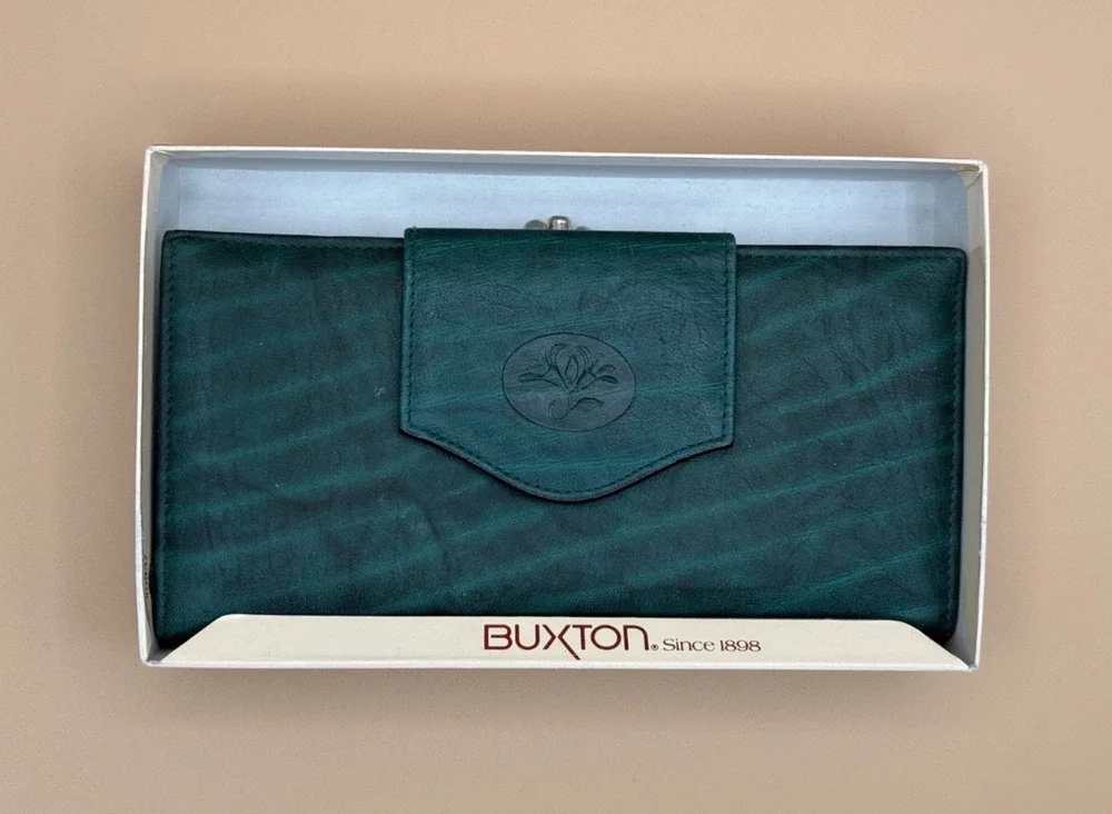 💚 Vintage Buxton Top Grain Cowhide Leather Wallet Clutch Kiss Lock – NIB